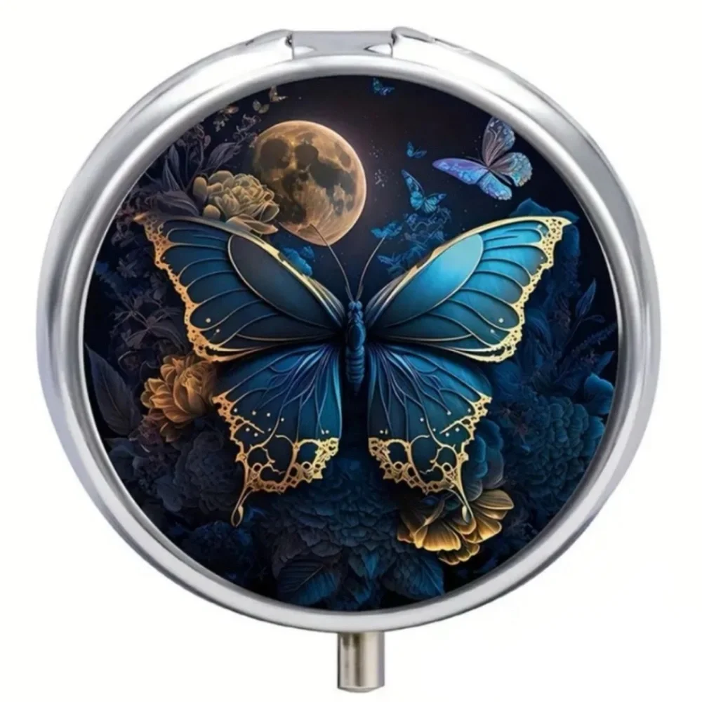 Blue Butterfly Moon Pill Box Celestial 3 Compartment Organizer